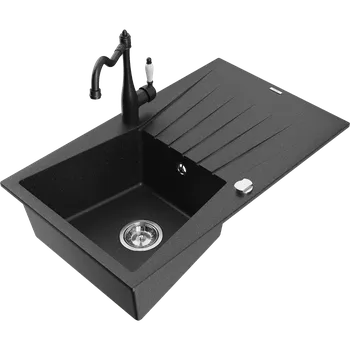 Granitový dřez Mexen Cesar granitový dřez 1-komorový s odkapávačem a kuchyňskou baterií Carla, černý/stříbrný metalik - 6514-73-670700-70 Granitové dřezy s baterií
