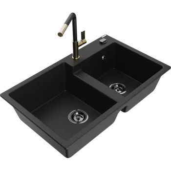 Granitový dřez Mexen Tomas dřez granitový dvoukomorový s kuchyňskou baterií Flora, černý - 6516-77-670401-57-B Granitové dřezy s baterií