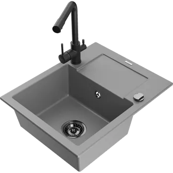 Granitový dřez Mexen Enzo dřez granitový 1-komorový s odkapávačem a kuchyňskou baterií Duero, šedý - 6506-71-671600-70-B Granitové dřezy s baterií