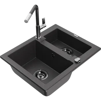 Granitový dřez Mexen Carlos žulový dřez 1,5-komorový s kuchyňskou baterií Flora, černý skvrnitý - 6518-76-670401-08-B Granitové dřezy s baterií