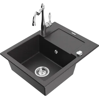 Granitový dřez Mexen Enzo granitový dřez s 1 komorou a odkapávačem a kuchyňskou baterií Carla, černý skvrnitý - 6506-76-670700-00 Granitové dřezy s baterií
