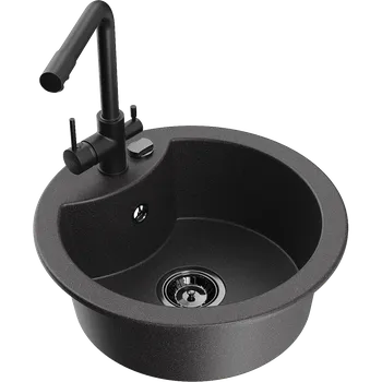 Granitový dřez Mexen Diego granitový dřez s 1 komorou a kuchyňskou baterií Duero, černý s tečkovaným vzorem - 6512-76-671600-70-B Granitové dřezy s baterií