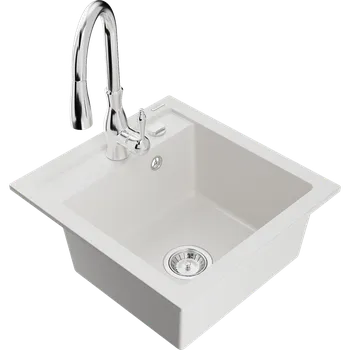 Granitový dřez Mexen Vito granitový jednodřez s kuchyňskou baterií Savita, bílý - 6503-20-672601-00 Granitové dřezy s baterií