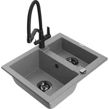 Granitový dřez Mexen Carlos granitový dřez 1,5-komorový s kuchyňskou baterií Duo, šedý - 6518-71-671701-70-B Granitové dřezy s baterií