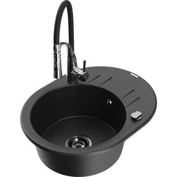 Granitový dřez Mexen Kevin granitový dřez 1-komorový s odkapávačem a kuchyňskou baterií Aster, černá/stříbrný metalický - 6517-73-73450-07-B Granitové dřezy s baterií