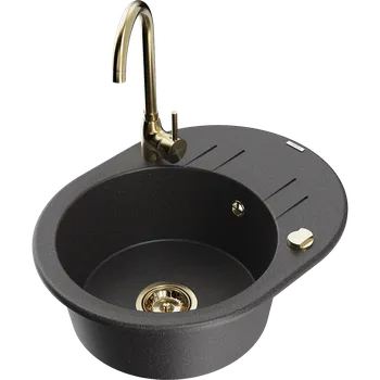 Granitový dřez Mexen Kevin granitový dřez 1-komorový s odkapávačem a kuchyňskou baterií Telma, černý s tečkami - 6517-76-670200-50 Granitové dřezy s baterií