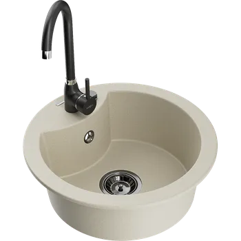 Granitový dřez Mexen Diego granitový dřez 1-komorový s kuchyňskou baterií Telma, béžový - 6512-69-670200-70 Granitové dřezy s baterií