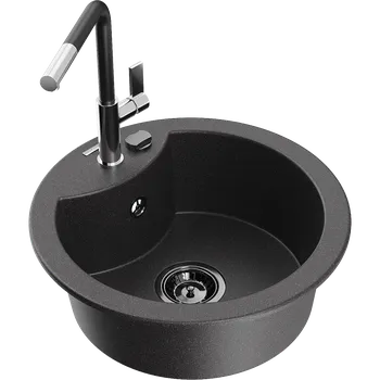 Granitový dřez Mexen Diego granitový dřez 1-komorový s kuchyňskou baterií Flora, černý s tečkami - 6512-76-670401-07-B Granitové dřezy s baterií