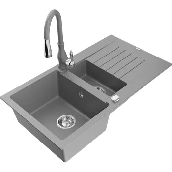 Granitový dřez Mexen Matias dřez žulový 1,5-komorový s odkapávačem a kuchyňskou baterií Savita, šedý - 6502-71-672601-71 Granitové dřezy s baterií