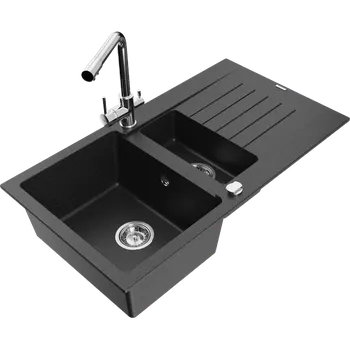 Granitový dřez Mexen Matias granitový dřez 1,5-komorový s odkapávačem a kuchyňskou baterií Duero, černý/stříbrný metalik- 6502-73-671600-00 Granitové dřezy s baterií