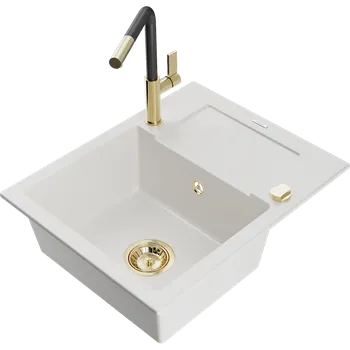 Granitový dřez Mexen Enzo granitový dřez jednokomorový s odkapávačem a kuchyňskou baterií Flora, bílý - 6506-20-670401-57-G Granitové dřezy s baterií