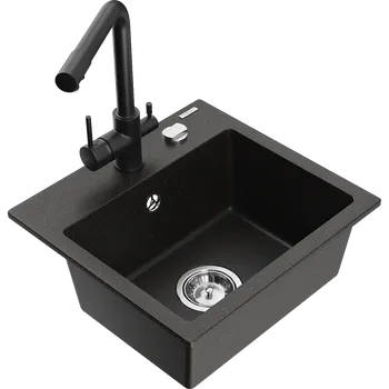 Granitový dřez Mexen Milo granitový dřez 1-komorový s kuchyňskou baterií Duero, černý/zlatý metalik - 6505-75-671600-70 Granitové dřezy s baterií