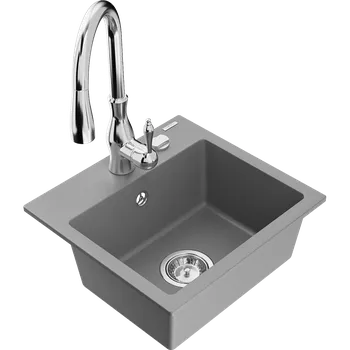 Granitový dřez Mexen Milo granitový dřez 1-komorový s kuchyňskou baterií Savita, šedý - 6505-71-672601-00 Granitové dřezy s baterií