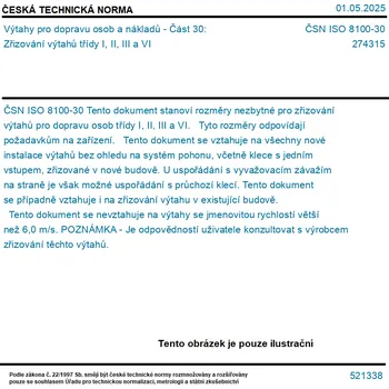 ČSN ISO 8100-30 - Výtahy pro dopravu osob a nákladů - Část 30: Zřizování výtahů třídy I, II, III a VI - Tisk