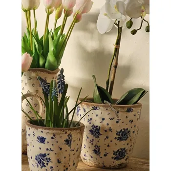 Zahrada Béžový keramický obal na květináč s modrými růžemi Blue Rose L - Ø 16*16 cm