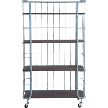 Šedý kovový policový vozík s dřevěnými policemi - 85*32*143 cm