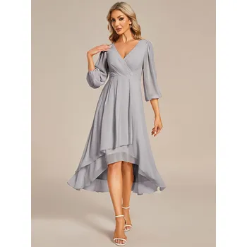 Dámské šaty Šifonové svatební šaty pro hosty s dlouhými rukávy Barva: Šedá, Velikost: 4XL