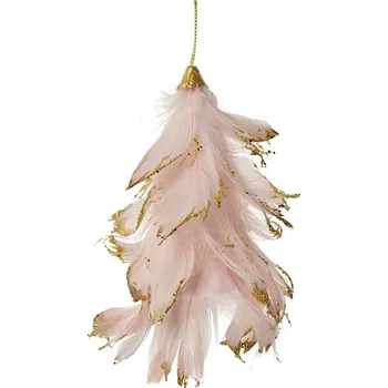 Vánoční ozdoba Růžový závěsný peříčkový stromek se zlatým třpytem - 14*11*7 cm