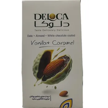 Sušené ovoce Deloca Deloca-Datle v bílé čokoládě s vanilkou a karamelem plněné mandlí 250g