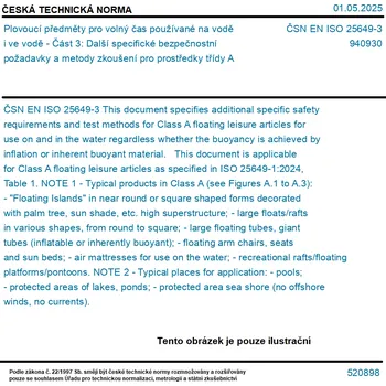 ČSN EN ISO 25649-3 - Plovoucí předměty pro volný čas používané na vodě i ve vodě - Část 3: Další specifické bezpečnostní požadavky a metody zkoušení pro prostředky třídy A - Tisk