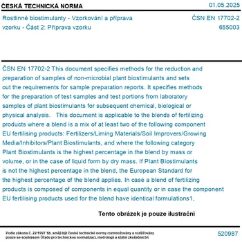 ČSN EN 17702-2 - Rostlinné biostimulanty - Vzorkování a příprava vzorku - Část 2: Příprava vzorku - Tisk