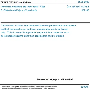 ČSN EN ISO 10256-3 - Ochranné prostředky pro lední hokej - Část 3: Chrániče obličeje a očí pro hráče - Tisk