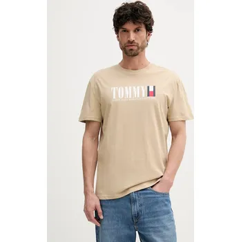 Bavlněné tričko Tommy Jeans pánské, béžová barva, s potiskem, DM0DM21941 80X, vel. L