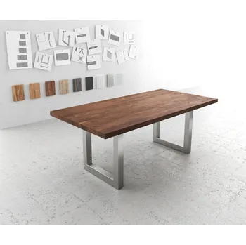 Jídelní stůl DELIFE Jídelní stůl Edge 200x100 XL akácie hnědá nerezová ocel široký