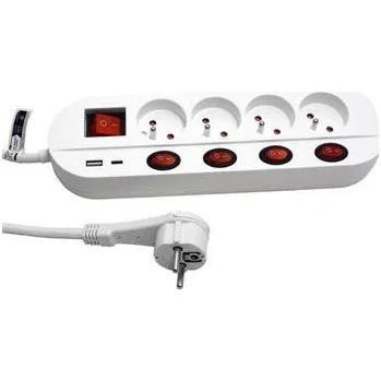 Elektrická zásuvka Roline Vícenásobná zásuvka 230V/16A, 4x zásuvka CZ, 3 + 1 vypínač, zdroj USB A + C, bílá, 1,5m - 19.07.2346
