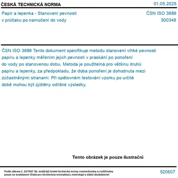 ČSN ISO 3689 - Papír a lepenka - Stanovení pevnosti v průtlaku po namočení do vody - Tisk