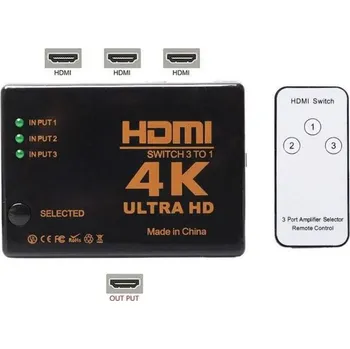 Video kabel HDMI přepínač 3x HDMI 4K UH-301 s ovladačem, přijímač IR na kabelu