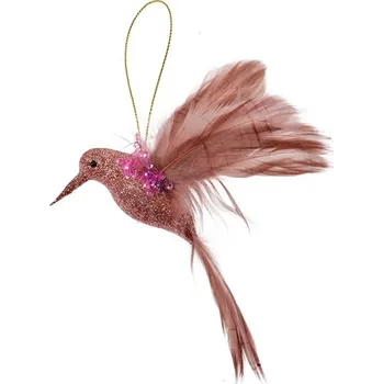 Vánoční ozdoba Clayre & Eef Růžový závěsný ptáček kolibřík s peříčky a třpytem - 10*4*10 cm