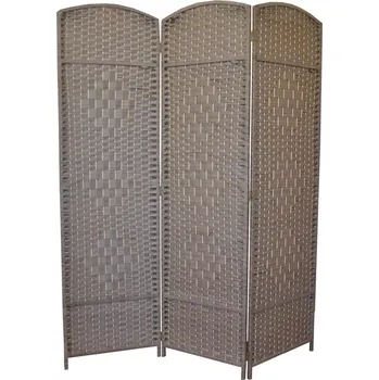 Paraván Dřevěný paraván třídílný provázkový 150 x 180 cm Světlešedá