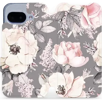 Pouzdro na mobilní telefon Flipové pouzdro Mobiwear - Google Pixel 9A - MX06S Květy na šedém pozadí (Knížkové flip pouzdro, obal, kryt na mobil Google Pixel 9A - MX06S Květy na šedém pozadí, materiál Umělá kůže + TPU - ochrana 360°, stojánek, silikonová vanička, magnetické zavírání