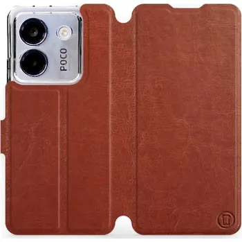 Pouzdro na mobilní telefon Flipové pouzdro Mobiwear - Xiaomi POCO M7 Pro 5G - Hnědé a oranžové (Knížkové flip pouzdro, obal, kryt na mobil Xiaomi POCO M7 Pro 5G - Hnědé a oranžové, materiál Umělá kůže + TPU - ochrana 360°, stojánek, silikonová vanička, magnetické zavírání)