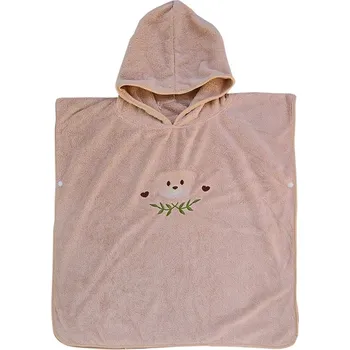 Roztomilé dětské pončo s kapucí z korálového fleecu | dětská osuška, koupací plášť - růžový medvěd