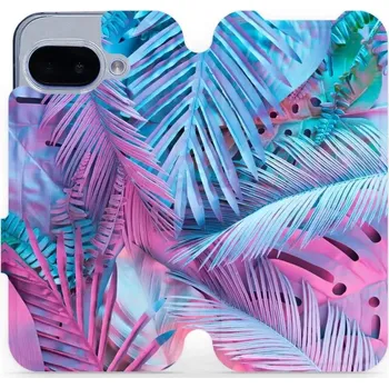 Pouzdro na mobilní telefon Flipové pouzdro Mobiwear - Google Pixel 9A - MG10S Fialové a modré listy (Knížkové flip pouzdro, obal, kryt na mobil Google Pixel 9A - MG10S Fialové a modré listy, materiál Umělá kůže + TPU - ochrana 360°, stojánek, silikonová vanička, magnetické zavírání