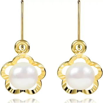 Náušnice Zlaté dětské náušnice 14K se sladkovodní perlou v květinovém motivu