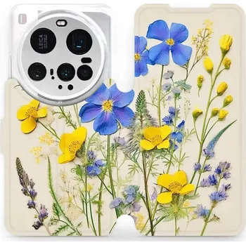 Pouzdro na mobilní telefon Flipové pouzdro Mobiwear - Xiaomi 15 Ultra - VP41S Modré a žluté kvítky (Knížkové flip pouzdro, obal, kryt na mobil Xiaomi 15 Ultra - VP41S Modré a žluté kvítky, materiál Umělá kůže + TPU - ochrana 360°, stojánek, silikonová vanička, magnetické zavírání)