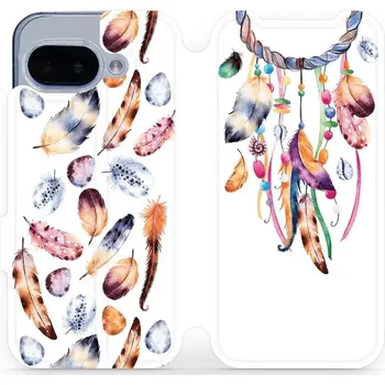 Pouzdro na mobilní telefon Flipové pouzdro Mobiwear - Google Pixel 9A - M003S Lapač a barevná pírka (Knížkové flip pouzdro, obal, kryt na mobil Google Pixel 9A - M003S Lapač a barevná pírka, materiál Umělá kůže + TPU - ochrana 360°, stojánek, silikonová vanička, magnetické zavírání