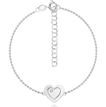 Náramek Stříbrný náramek 925 - ploché srdce s vyrytým srdcem, čirý diamant