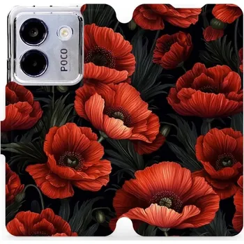 Pouzdro na mobilní telefon Flipové pouzdro Mobiwear - Xiaomi POCO M7 Pro 5G - VP45S Temné červené květy (Knížkové flip pouzdro, obal, kryt na mobil Xiaomi POCO M7 Pro 5G - VP45S Temné červené květy, materiál Umělá kůže + TPU - ochrana 360°, stojánek, silikonová vanička, magnetické)