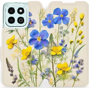 Pouzdro na mobilní telefon Flipové pouzdro Mobiwear - Honor X6b - VP41S Modré a žluté kvítky (Knížkové flip pouzdro, obal, kryt na mobil Honor X6b - VP41S Modré a žluté kvítky, materiál Umělá kůže + TPU - ochrana 360°, stojánek, silikonová vanička, magnetické zavírání)