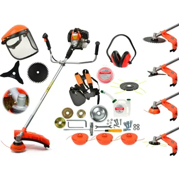 Benzínový křovinořez 1,3 kW, sada s kotouči, noži, maskou, strunami - SIXTOL