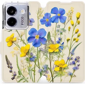 Pouzdro na mobilní telefon Flipové pouzdro Mobiwear - Xiaomi POCO M7 Pro 5G - VP41S Modré a žluté kvítky (Knížkové flip pouzdro, obal, kryt na mobil Xiaomi POCO M7 Pro 5G - VP41S Modré a žluté kvítky, materiál Umělá kůže + TPU - ochrana 360°, stojánek, silikonová vanička, magnetick