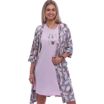 Dámská noční košile Růžový i hnědý komplet košilka a župan pro ženy či dívky barevný vzor listí pro zahradnice 1G0642 růžová xxl