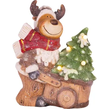 Bytová dekorace Dekorace MagicHome Vánoce, Sobík s vozíkem, 4 LED, 3xAA, keramika, 33,50x24x43 cm