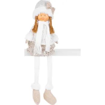Vánoční dekorace Postavička MagicHome Vánoce, Holčička v bílé čepici s dlouhýma nohama, bílo-zlaté, látkové, 15x10x45 cm
