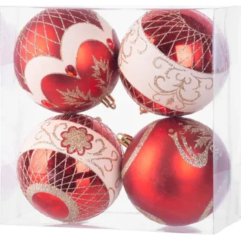 Vánoční dekorace Koule MagicHome Vánoce, 4 ks, červené, s ornamenty, na vánoční stromek, 10 cm