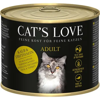 Krmivo pro kočku Cat's Love konzervy telecí a krůtí maso se šantou kočičí a lněným olejem 6× 200 g